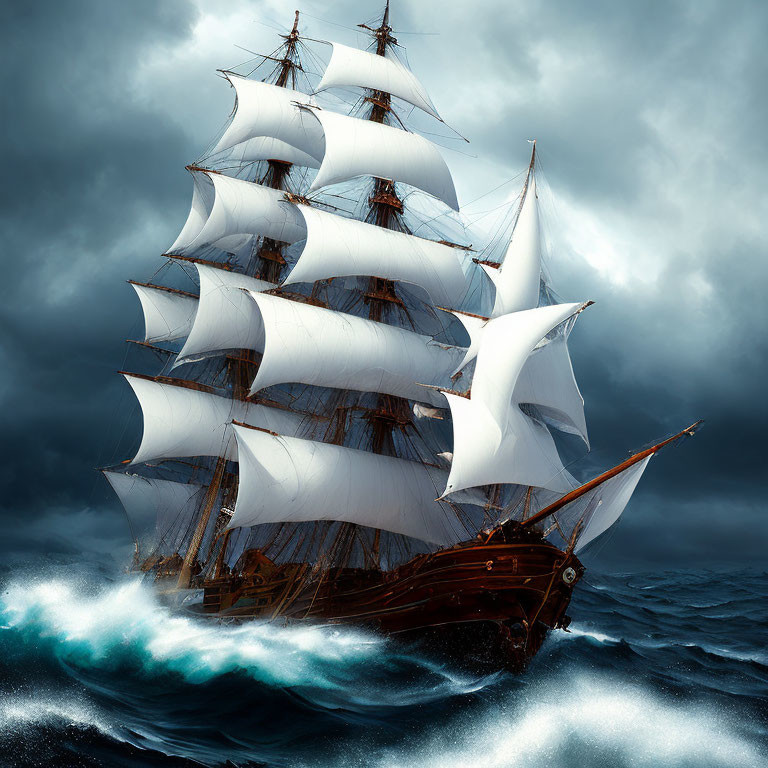 Majestic tall ship with full white sails on tumultuous seas