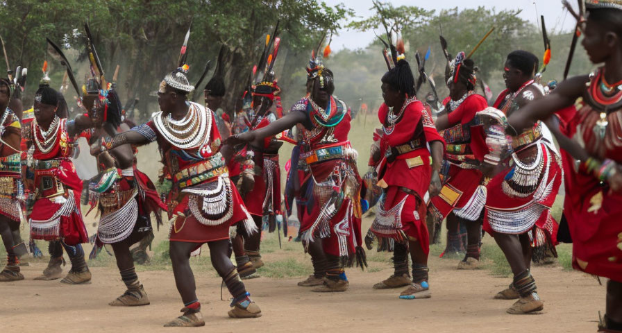 Traditional African dance performance in vibrant attire outdoors surrounded by trees