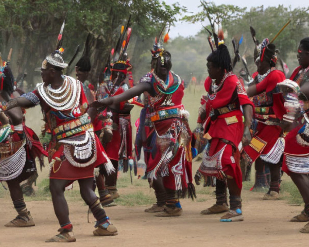 Traditional African dance performance in vibrant attire outdoors surrounded by trees