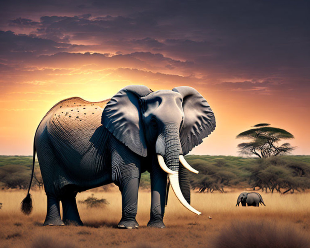 Majestic elephant with large tusks in savanna landscape at sunset