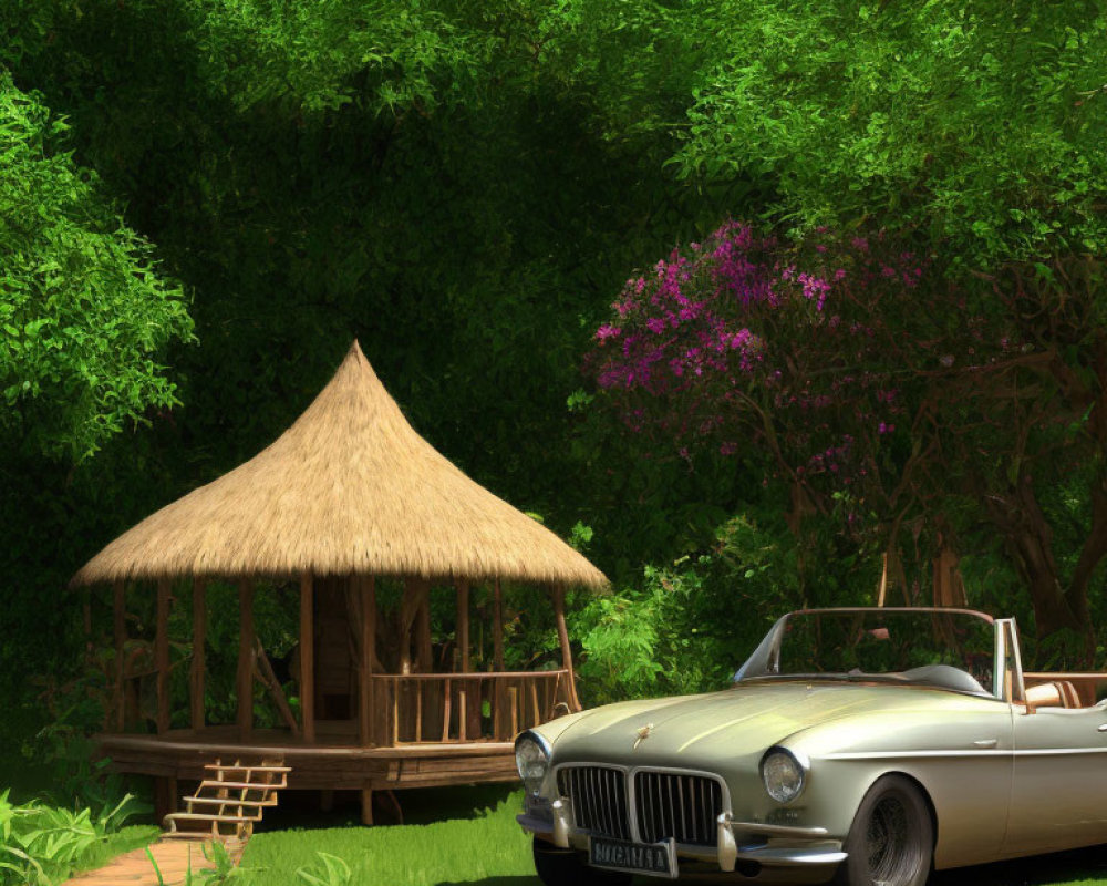 Vintage convertible car by wooden gazebo in lush garden with purple flowers