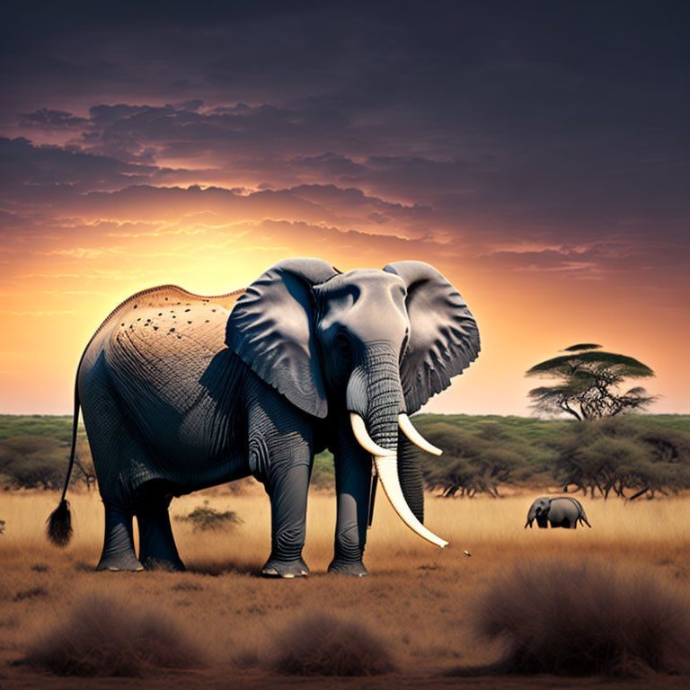 Majestic elephant with large tusks in savanna landscape at sunset