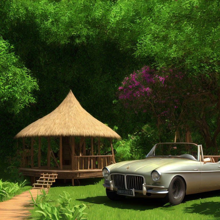 Vintage convertible car by wooden gazebo in lush garden with purple flowers