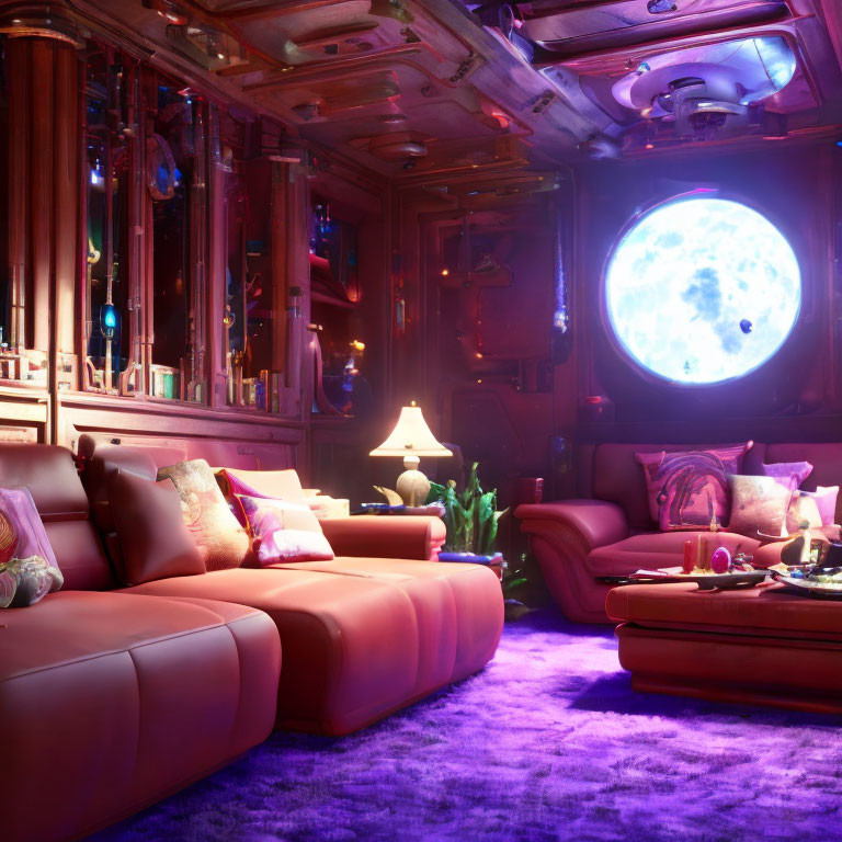 Opulent interior with red seating, purple carpet, ambient lighting, and space view.