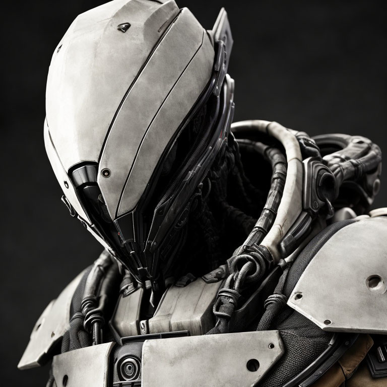 Detailed futuristic armored suit with helmet and mechanical elements on dark backdrop