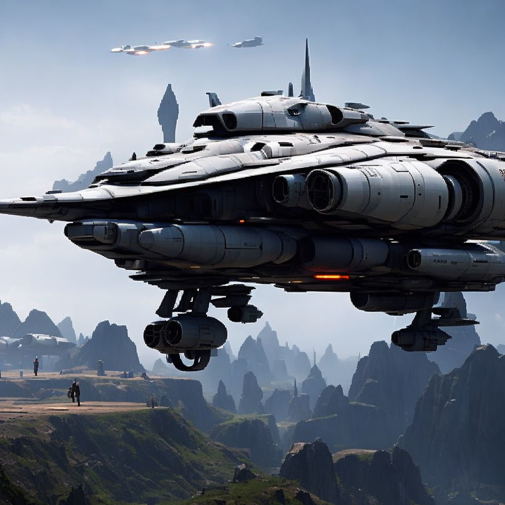 Futuristic spacecraft above rugged terrain with towering rock formations