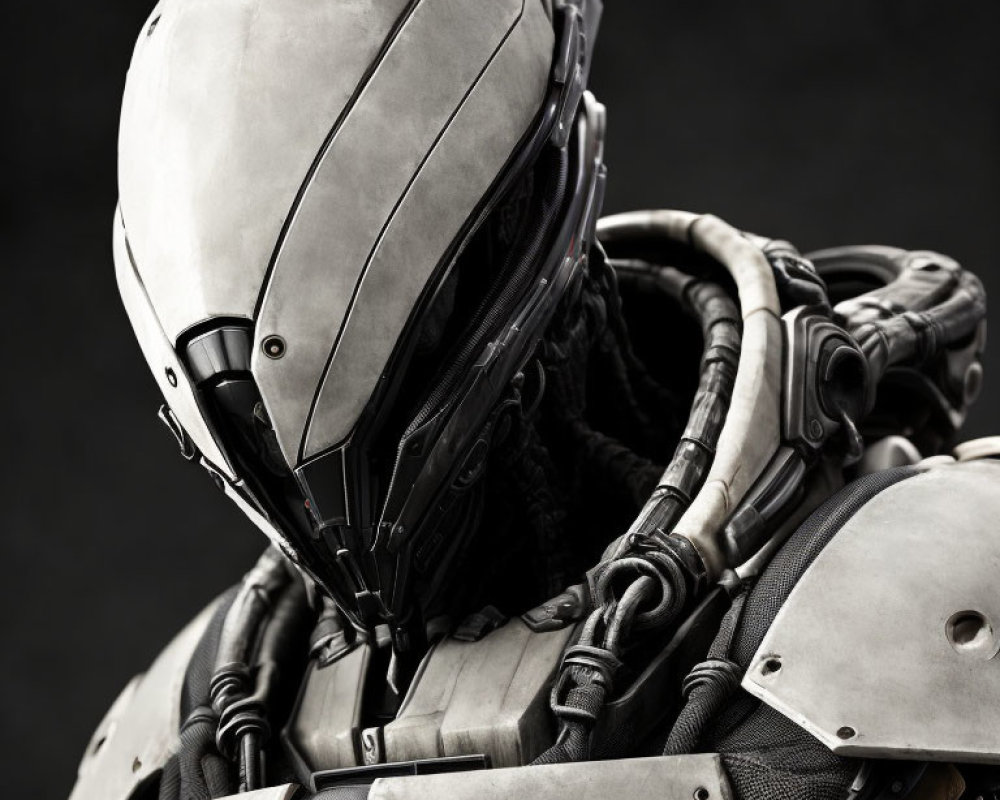 Detailed futuristic armored suit with helmet and mechanical elements on dark backdrop