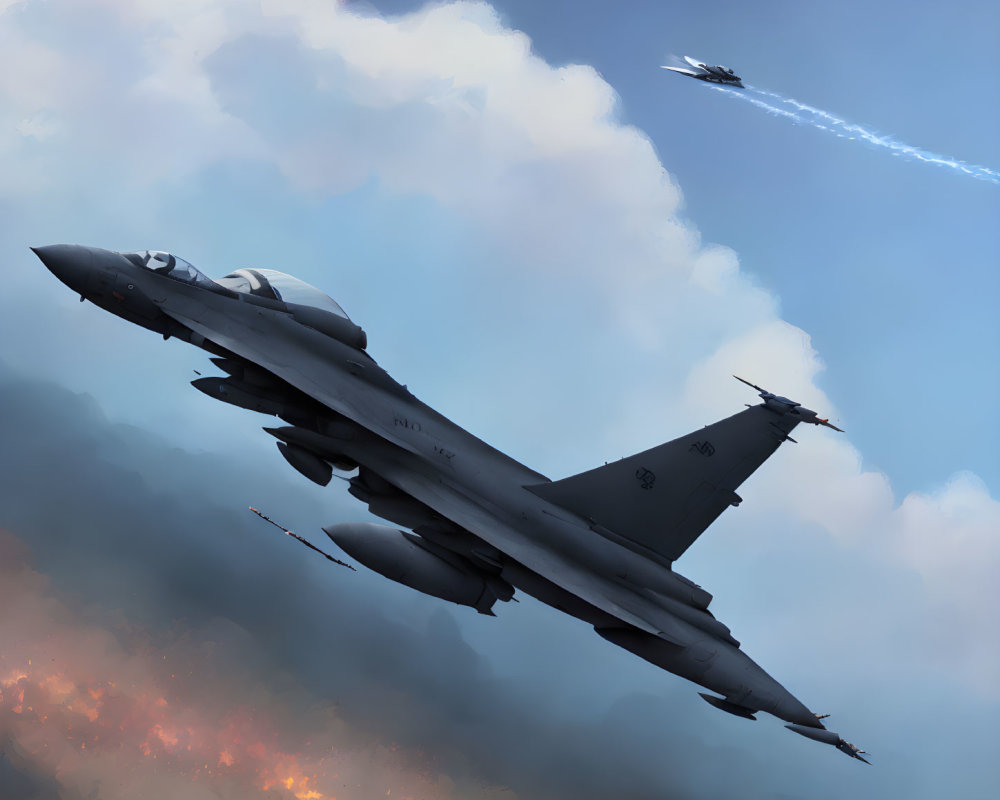 Detailed fighter jets in flight over clouds with weaponry, underbelly, and sunset backdrop.