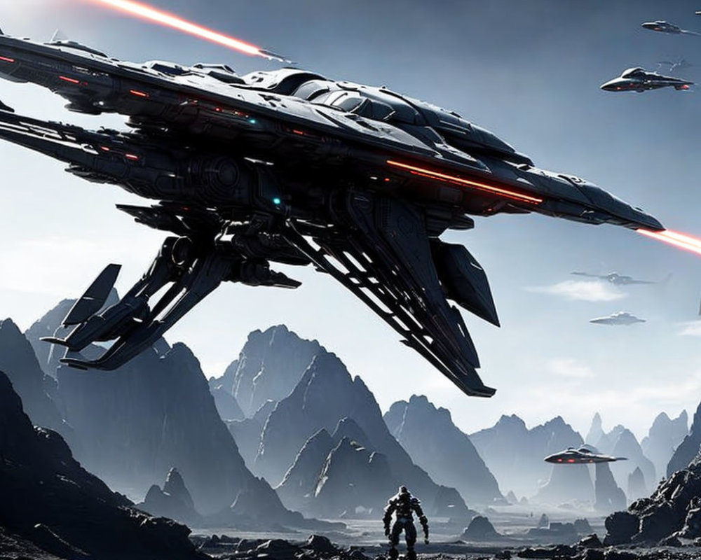 Futuristic spaceships over rocky alien landscape with mountains & person in spacesuit