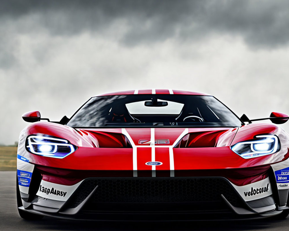 Red and White Race Car with Sponsor Logos and Number "68" on Cloudy Sky