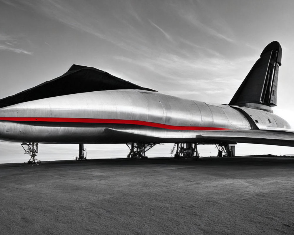 Monochrome image of futuristic aircraft with red stripe on tarmac