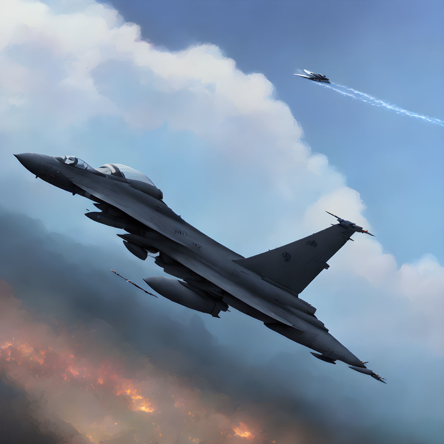 Detailed fighter jets in flight over clouds with weaponry, underbelly, and sunset backdrop.