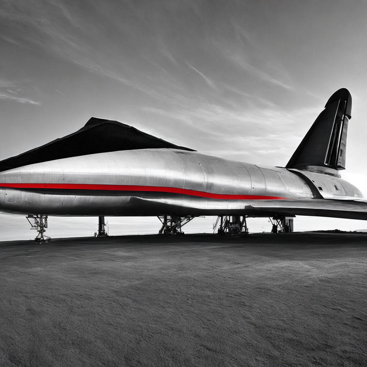 Monochrome image of futuristic aircraft with red stripe on tarmac