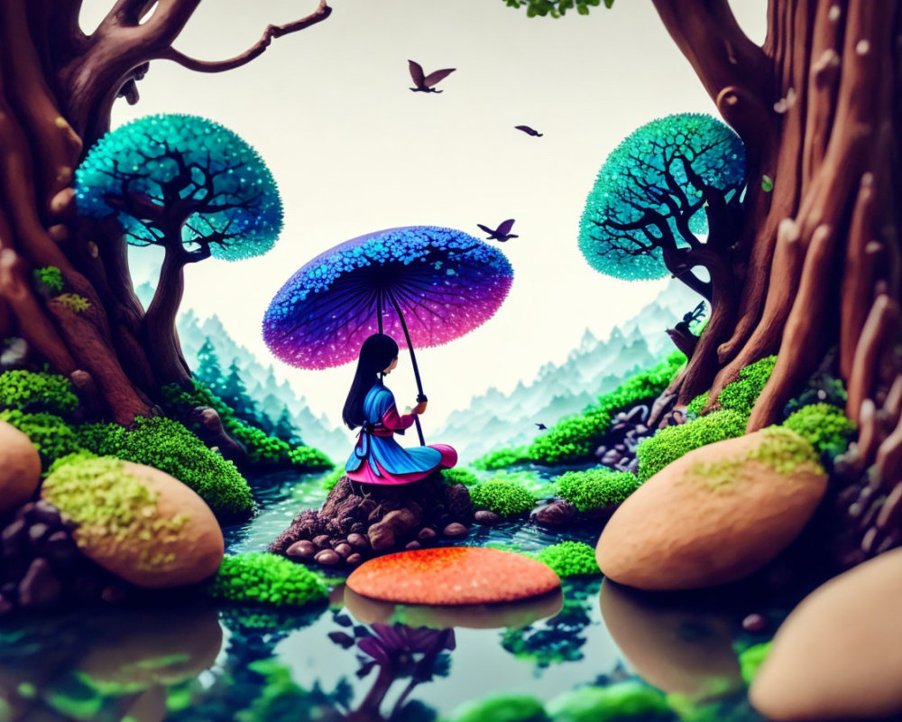 Vibrant mushroom-shaped tree with person holding umbrella in whimsical forest