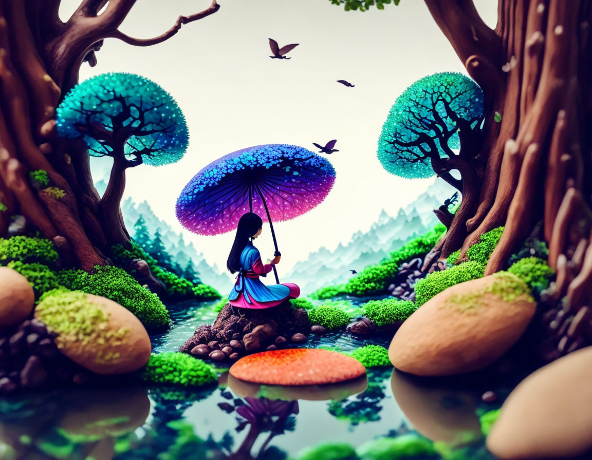 Vibrant mushroom-shaped tree with person holding umbrella in whimsical forest