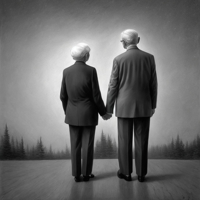 Elderly couple hand in hand gazing at misty horizon