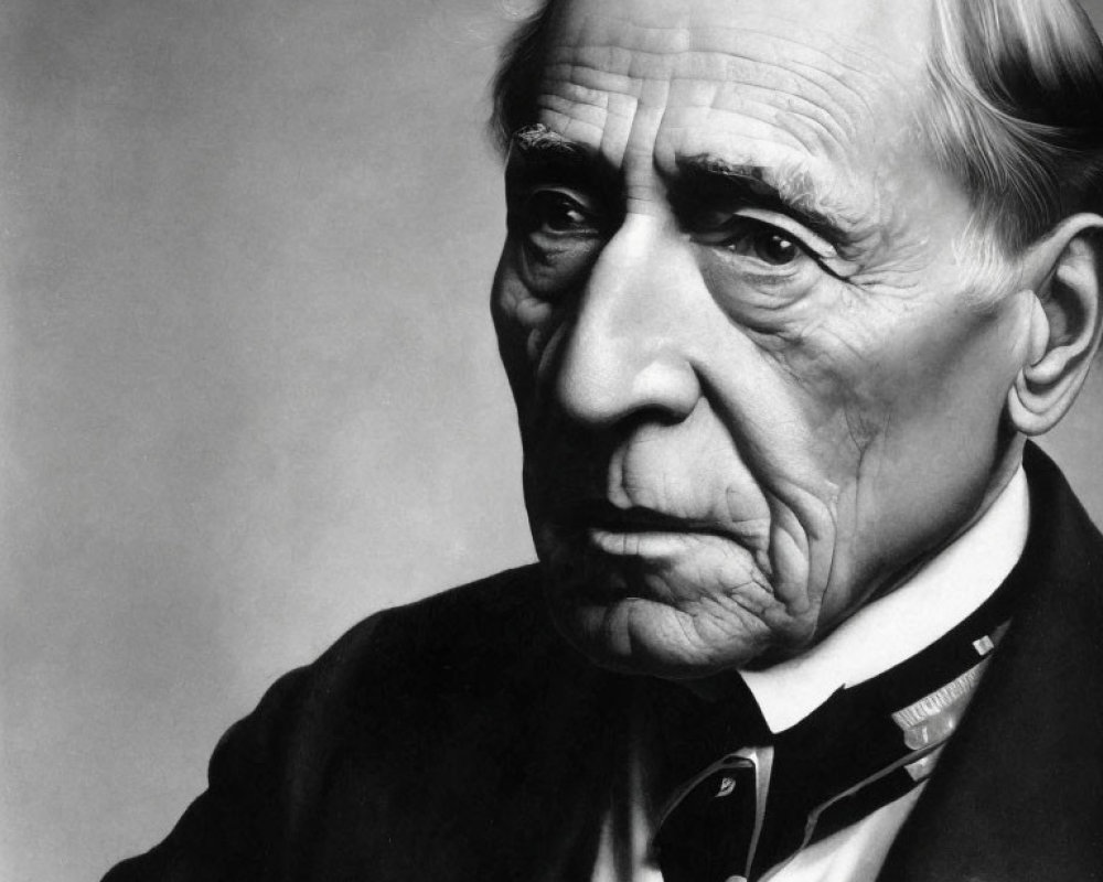 Monochrome portrait of elderly man in dark suit and tie