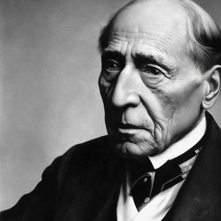 Monochrome portrait of elderly man in dark suit and tie