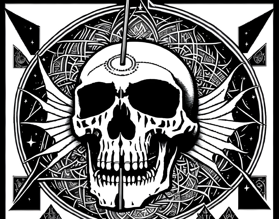 Detailed Black and White Skull Illustration with Geometric Celestial Background