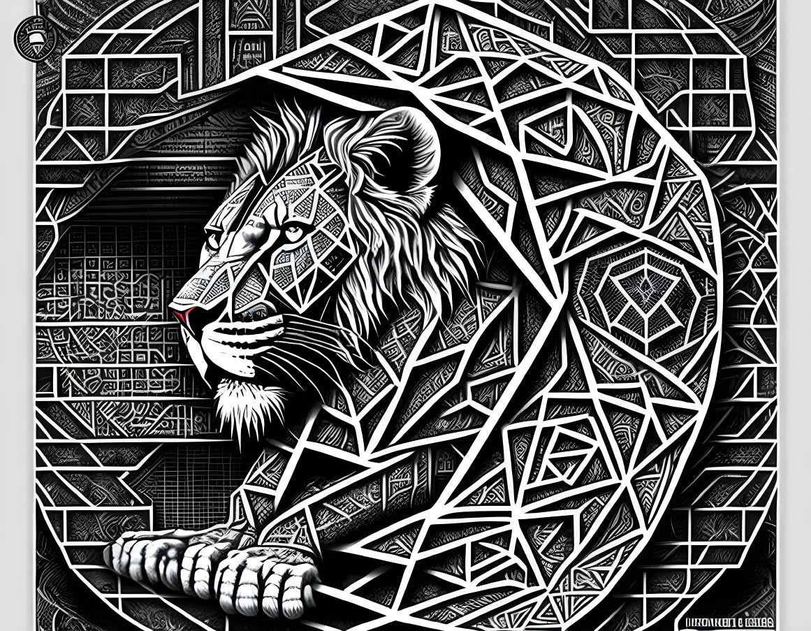 Monochrome geometric lion illustration with intricate patterns and ornamental background