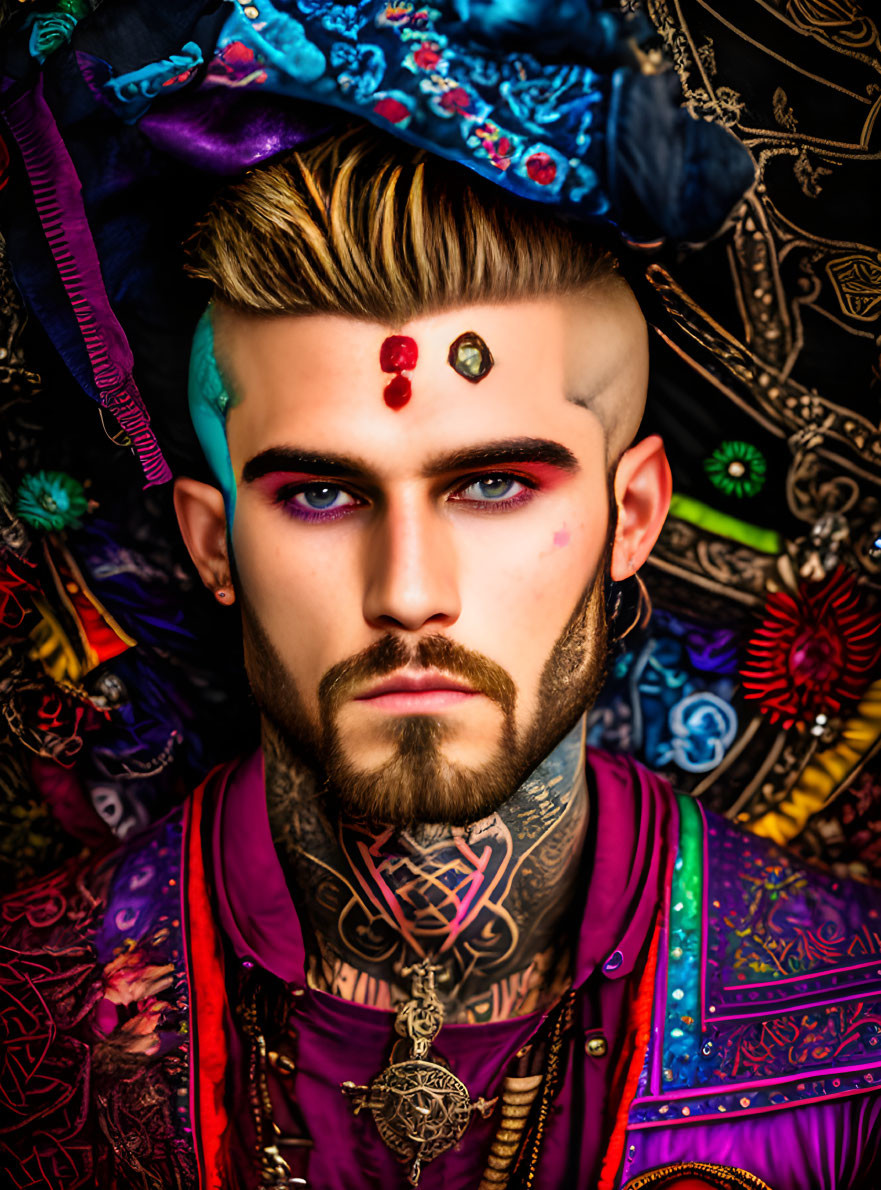 Colorfully adorned man with decorative makeup and bohemian attire.