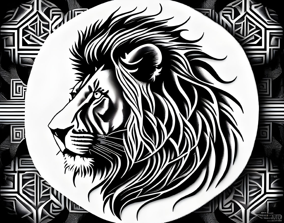 Monochrome lion profile with intricate mane on patterned circular backdrop