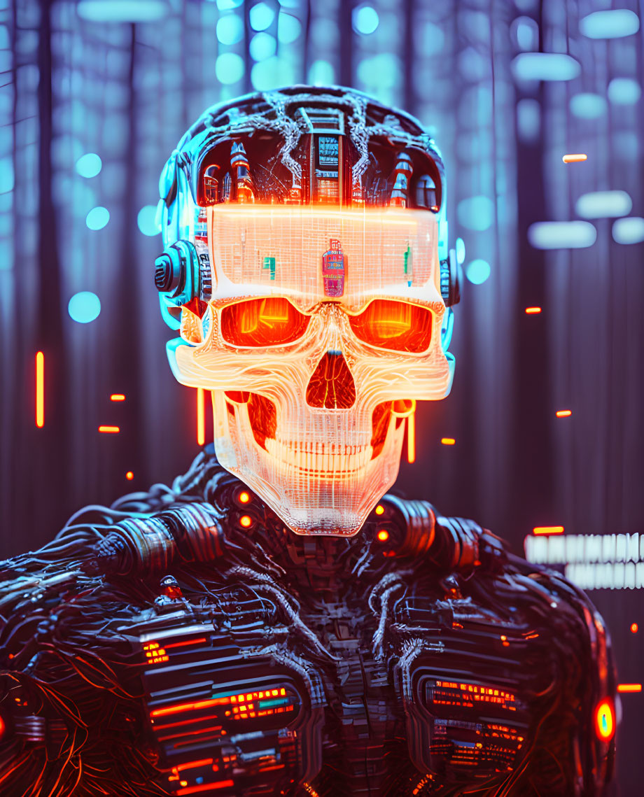 Futuristic cybernetic skull with glowing circuits on neon-lit backdrop