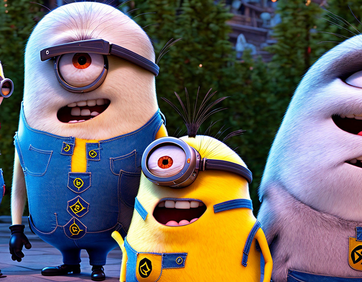 Three animated Minions in overalls with different eye configurations and expressions against a blurred background