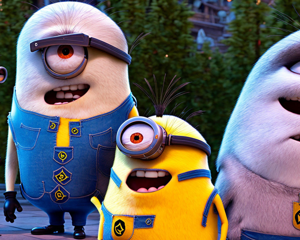 Three animated Minions in overalls with different eye configurations and expressions against a blurred background