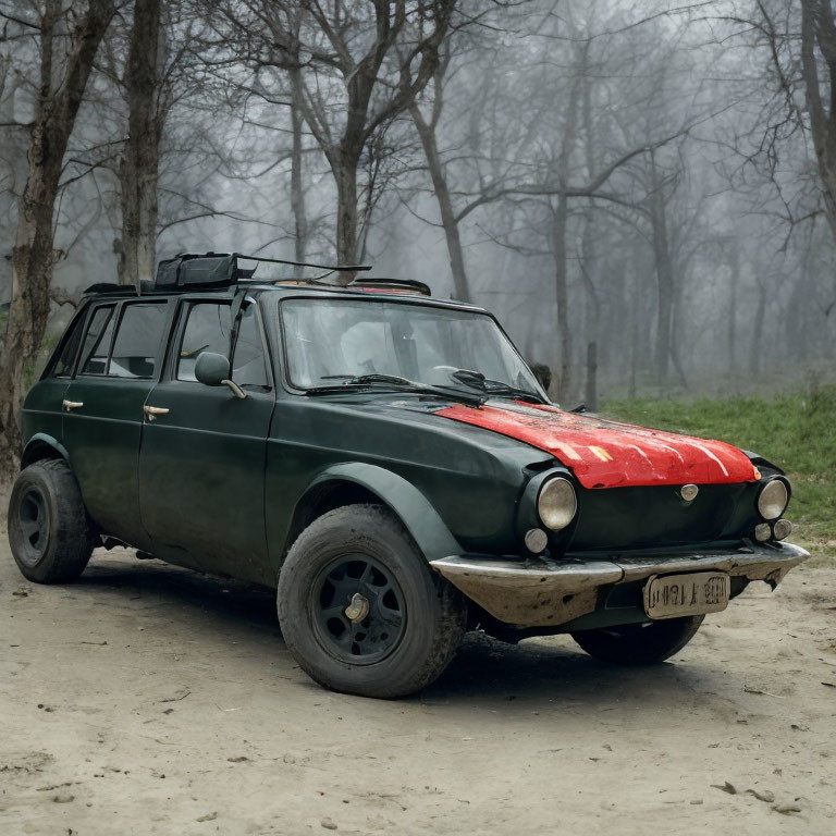 Vintage green car with red hood and roof rack in misty forest setting