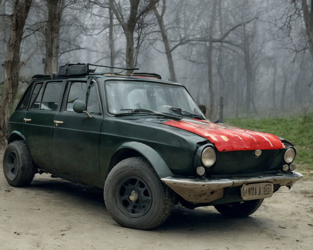 Vintage green car with red hood and roof rack in misty forest setting