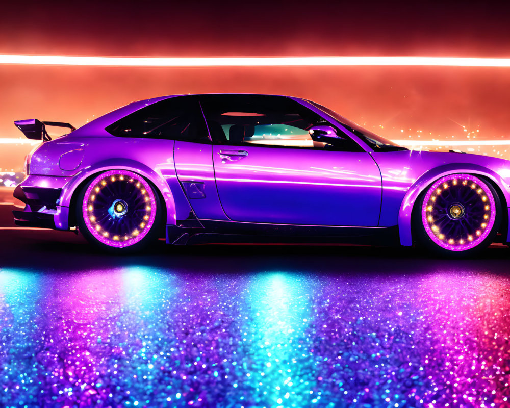 Vibrant Purple Sports Car with Glowing Wheels on Glittering Surface