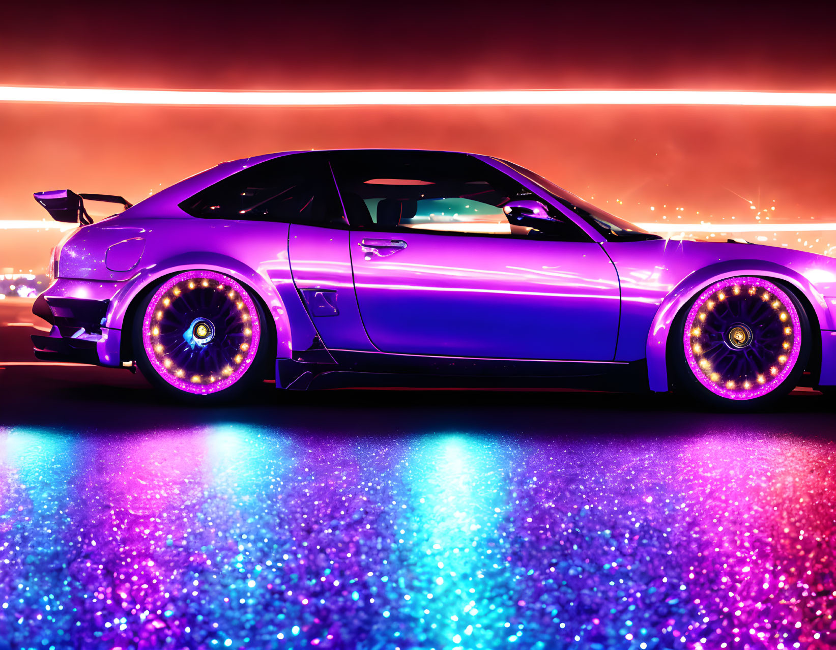 Vibrant Purple Sports Car with Glowing Wheels on Glittering Surface