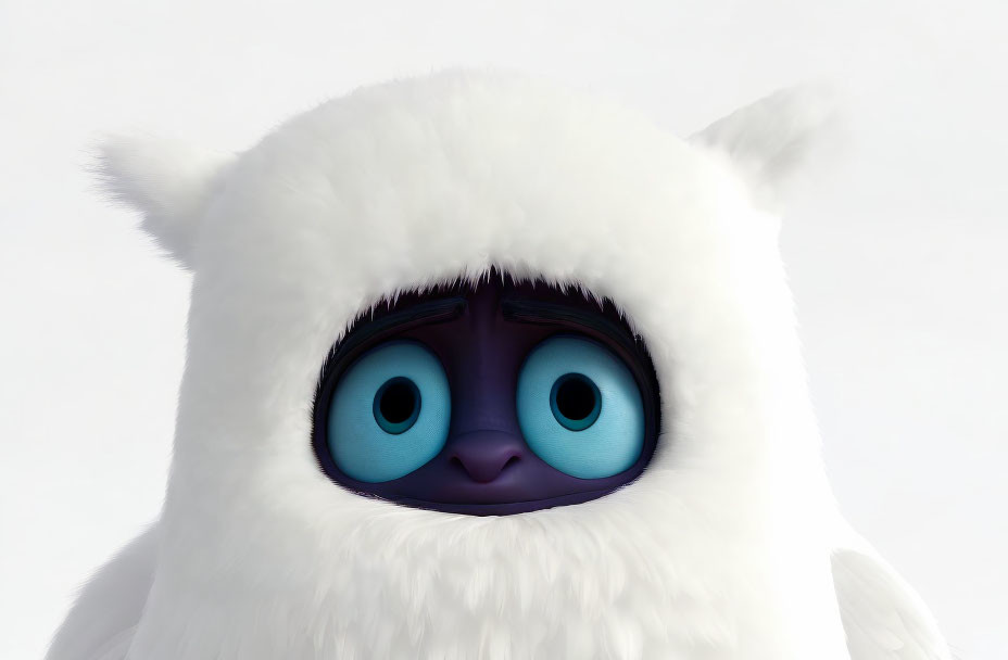 Fluffy animated white creature with big blue eyes and tiny black pupils