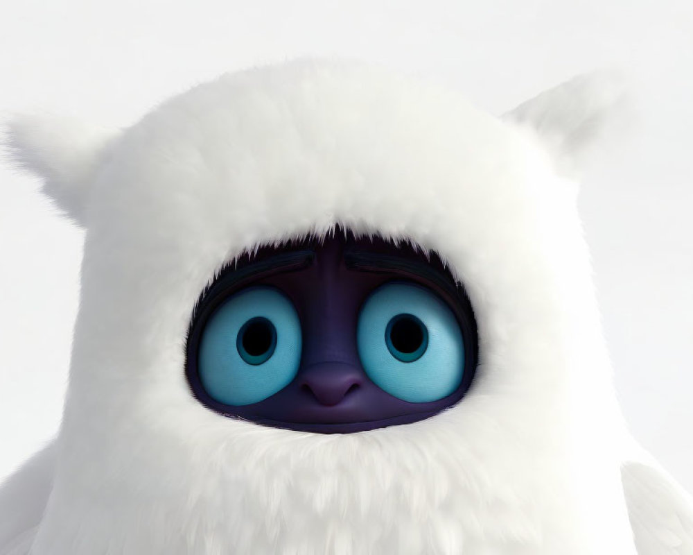 Fluffy animated white creature with big blue eyes and tiny black pupils