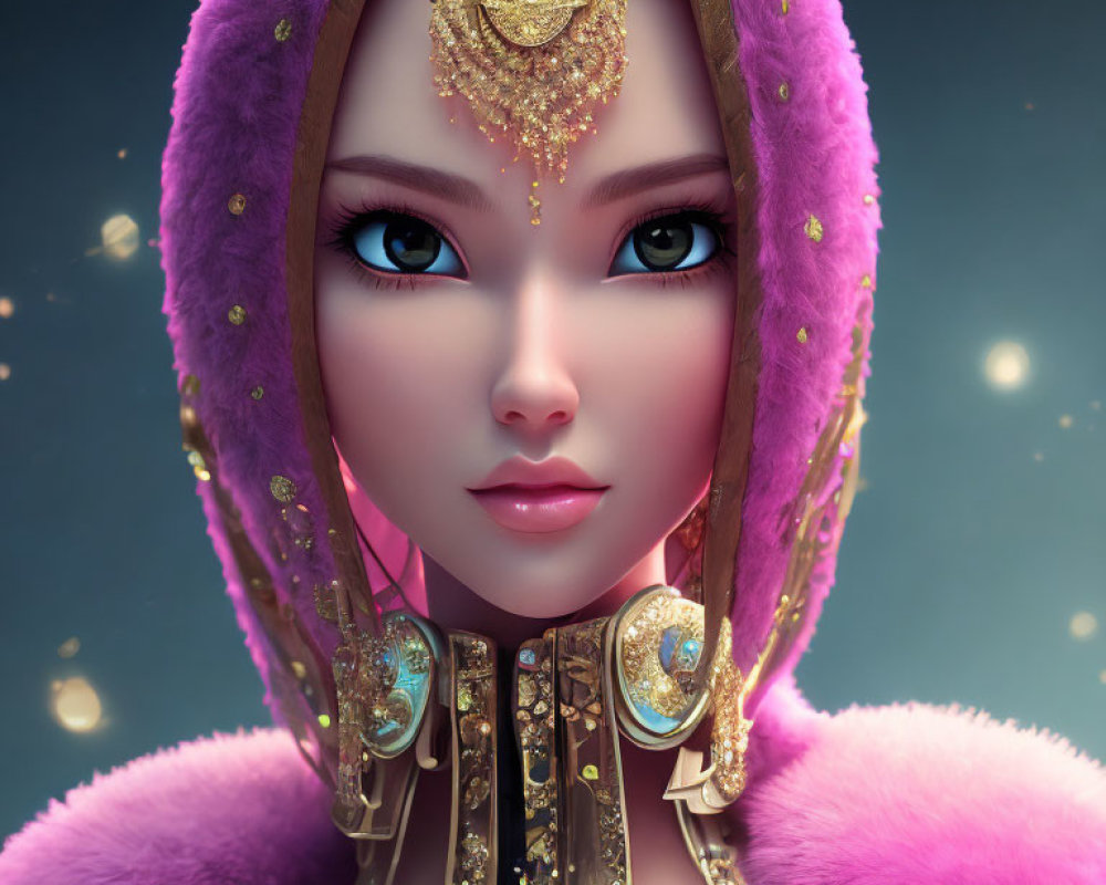 3D illustrated female character with striking eyes, golden jewelry, purple fur garment