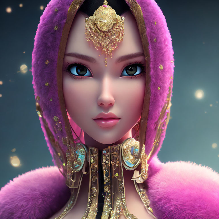 3D illustrated female character with striking eyes, golden jewelry, purple fur garment