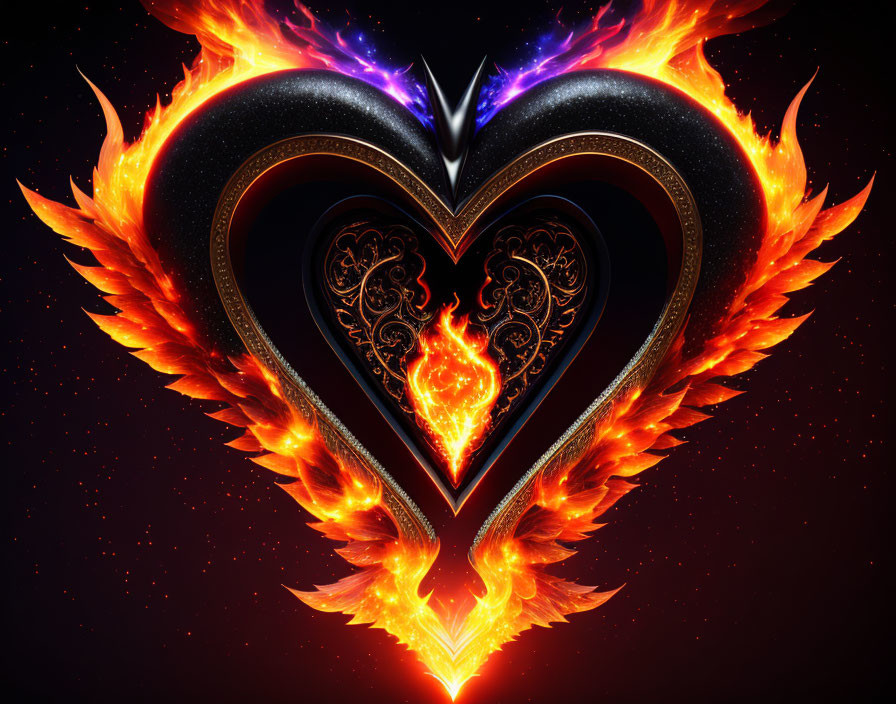 Colorful Heart-Shaped Digital Artwork with Fiery Wings and Flames