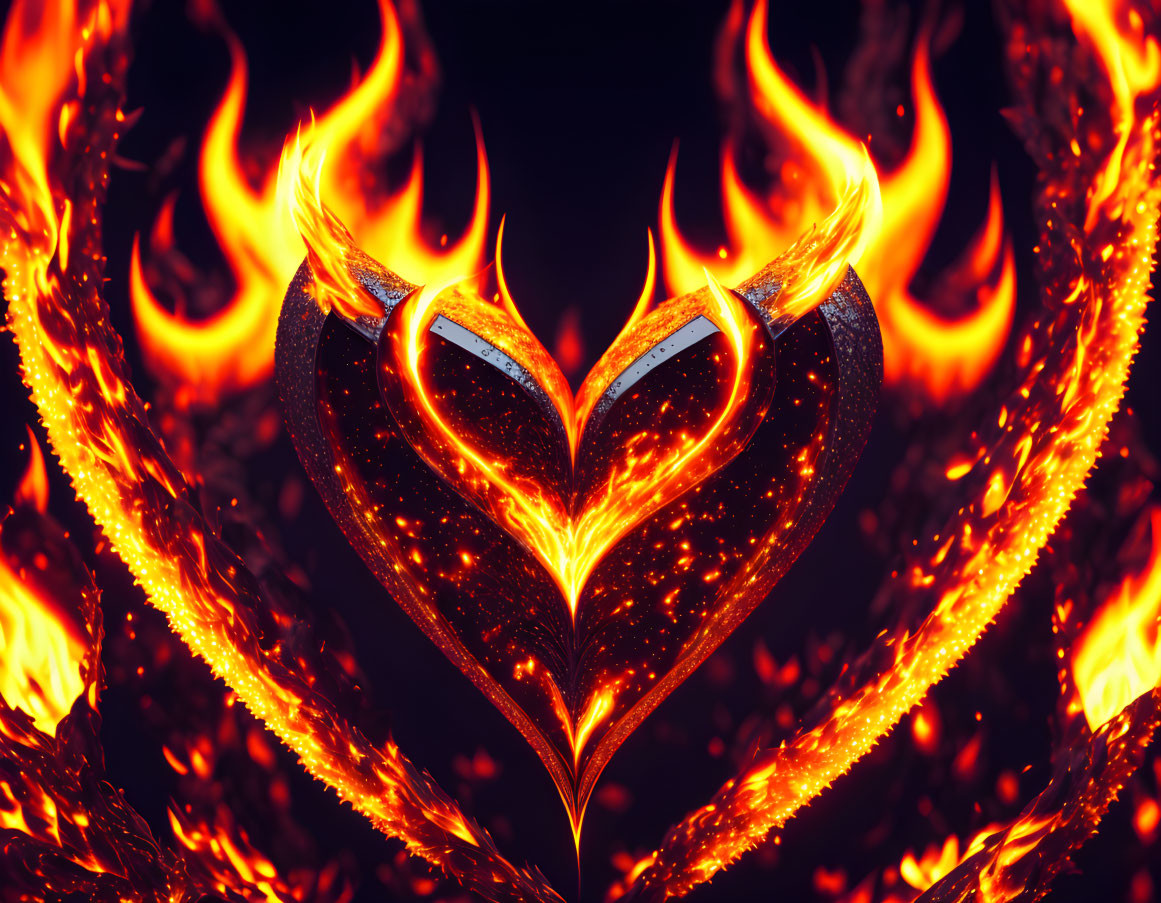 Glowing heart symbol surrounded by fiery flames in orange and red palette