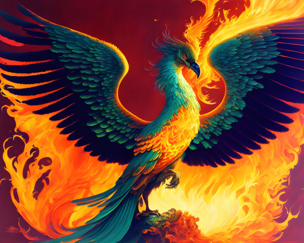 Colorful Phoenix Illustration with Fiery Wings in Red, Orange, and Teal