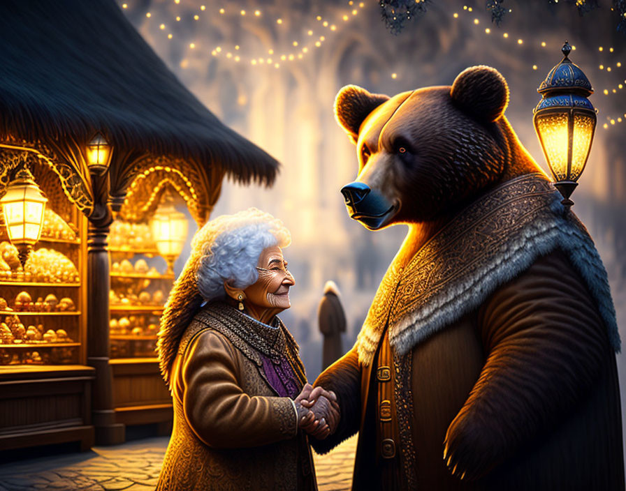 Elderly lady in knitted cardigan with anthropomorphic bear at festive market