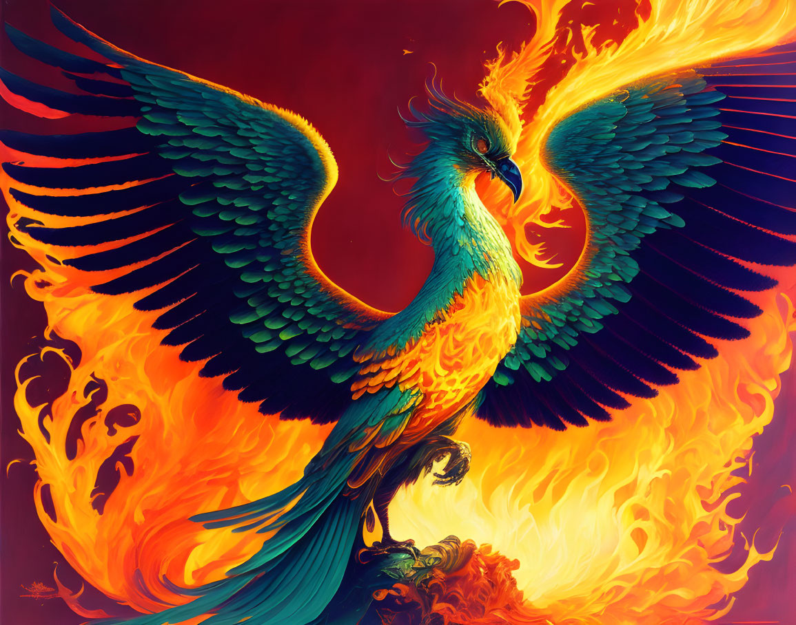 Colorful Phoenix Illustration with Fiery Wings in Red, Orange, and Teal