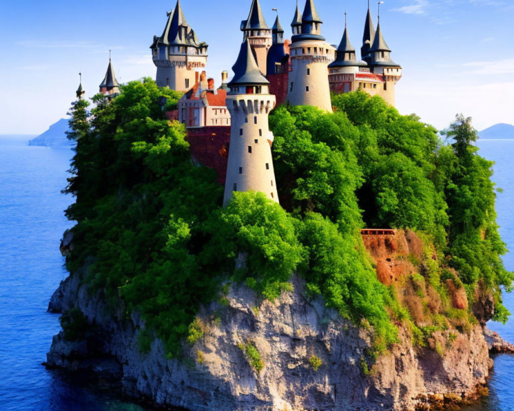 Fairytale castle with multiple spires on forested island in calm sea