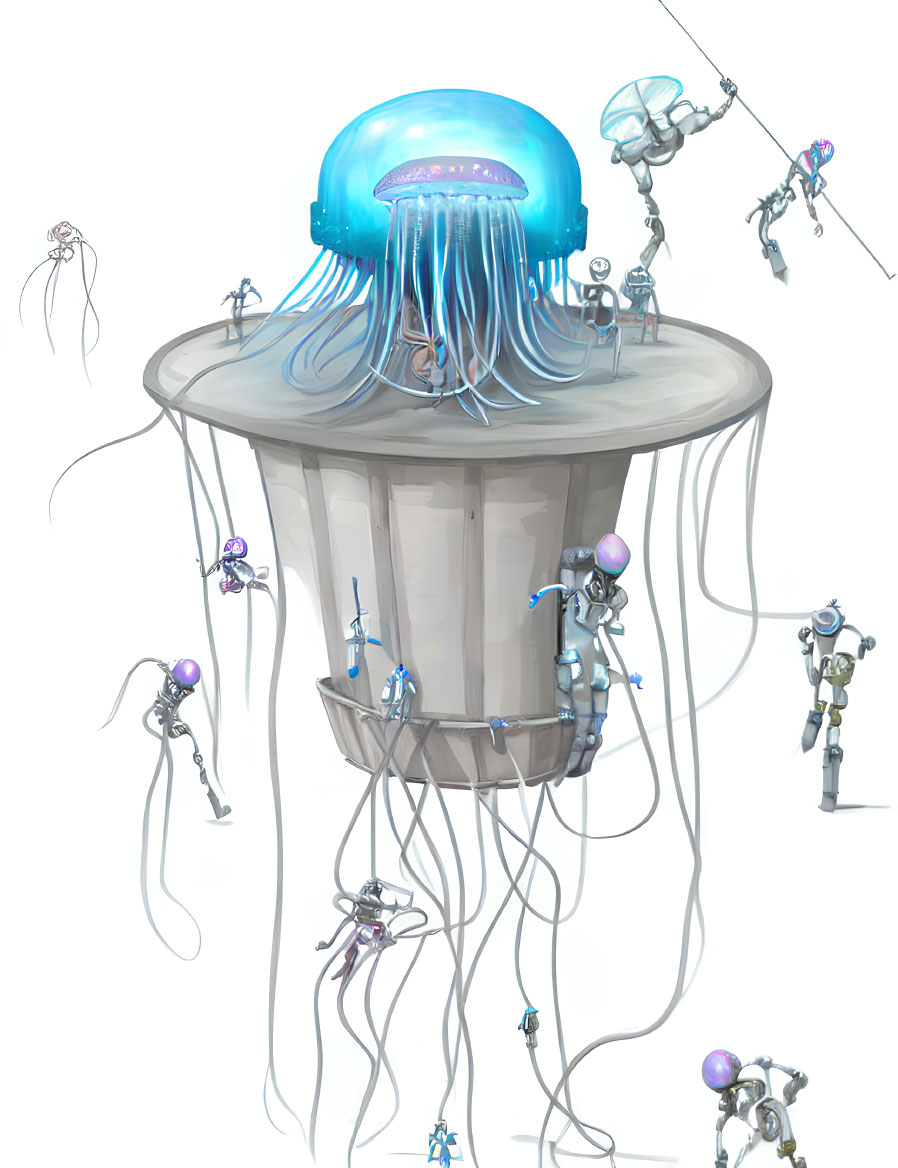 Whimsical futuristic platform with jellyfish-like creature and robots