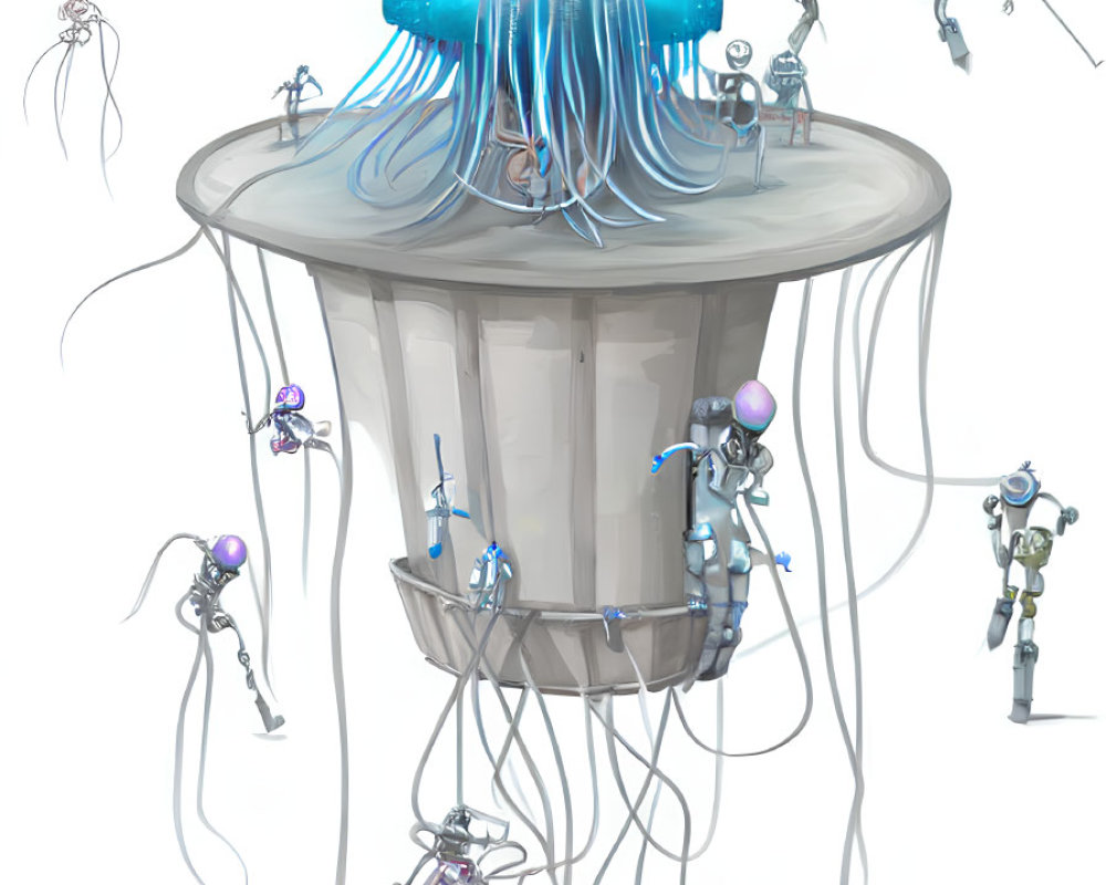 Whimsical futuristic platform with jellyfish-like creature and robots