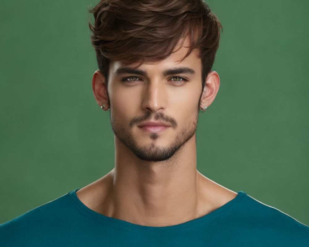 Styled man with brown hair, beard, and earrings in teal shirt on green background