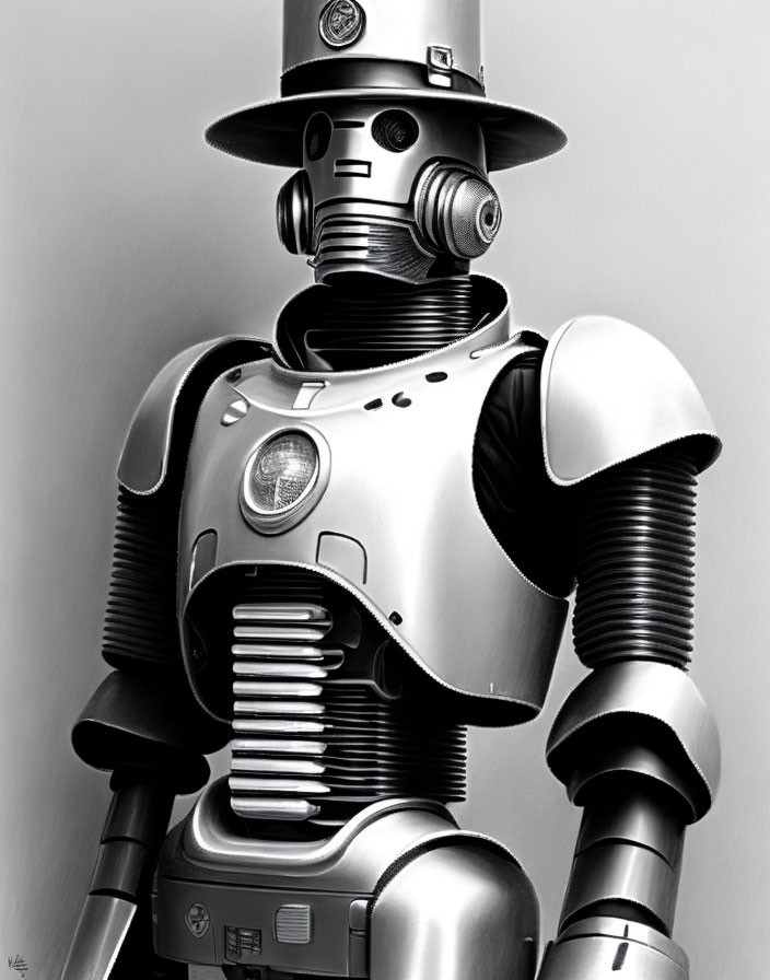 Monochrome retro-futuristic robot with expressive eyes and detailed torso