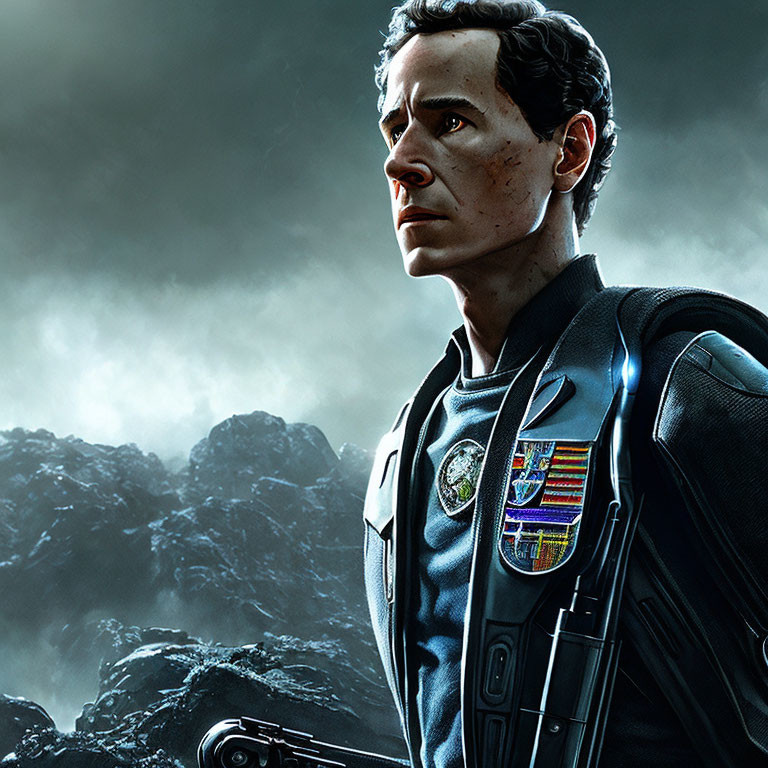 Serious man in futuristic uniform on rocky landscape under stormy sky