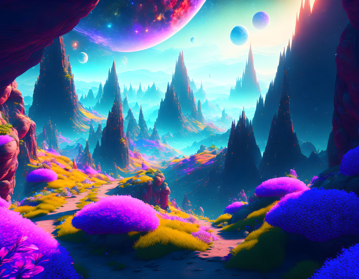 Colorful alien landscape with purple flora and towering spires under a sky of large planets