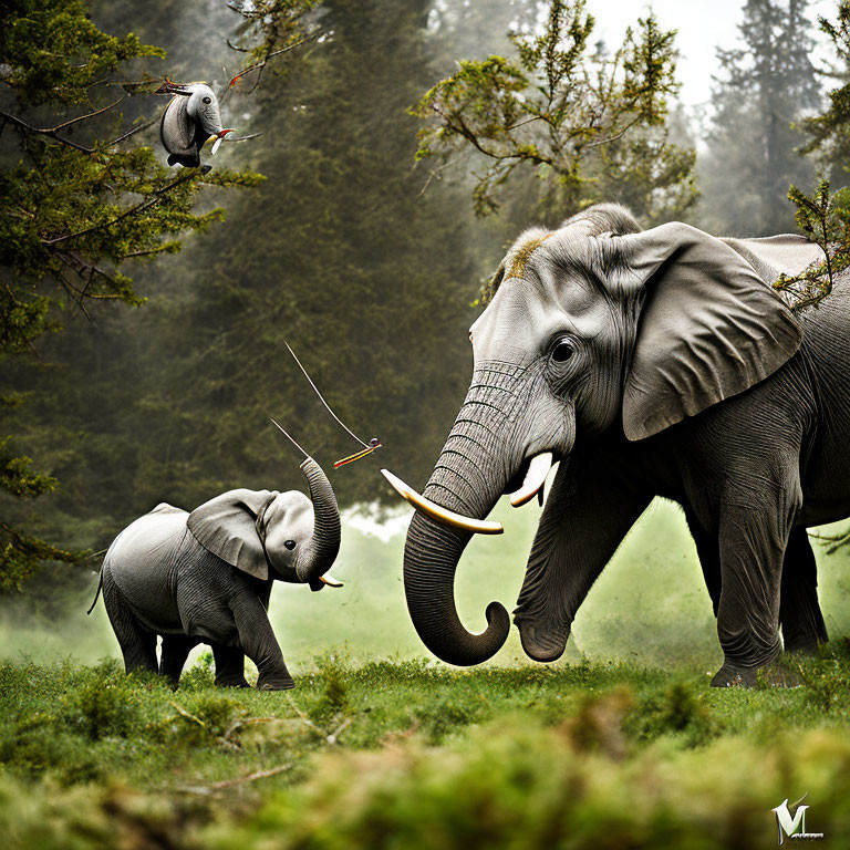 Digitally manipulated image of elephant and calf with flying creatures in misty forest